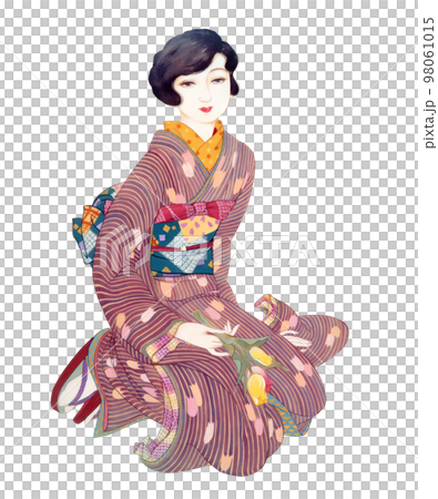 Taisho Roman 穿著條紋和服的女人，手捧一束鬱金香 98061015