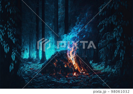 Mystical glowing blue bonfire in dark forest 98061032
