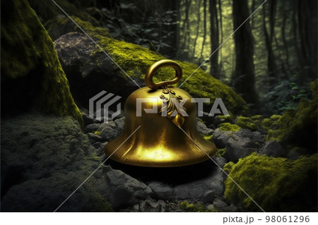 Gold bell on stone in beautiful fairy tale forest Gold bell on stone in beautiful fairy tale forest 98061296