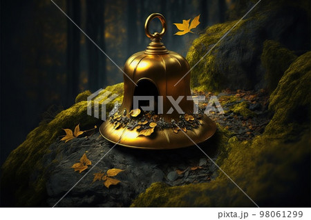 Gold bell on stone in beautiful fairy tale forest Gold bell on stone in beautiful fairy tale forest 98061299
