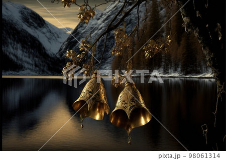 Shining gold bells hanging on dark tree branch with beautiful winter lake in background Shining gold bells hanging on dark tree branch with beautiful winter lake in background 98061314