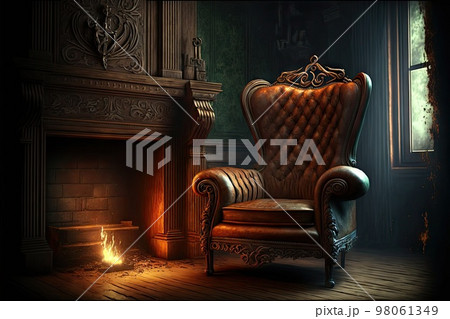 Old leather armchair and ancient fireplace in mysterious old room Old leather armchair and ancient fireplace in mysterious old room 98061349