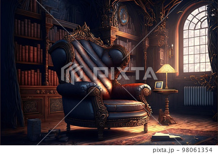 Leather armchair in old magic library 98061354