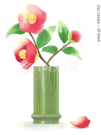 椿の花の水彩イラスト 竹の一輪挿しのイラスト素材 [98061762] - PIXTA
