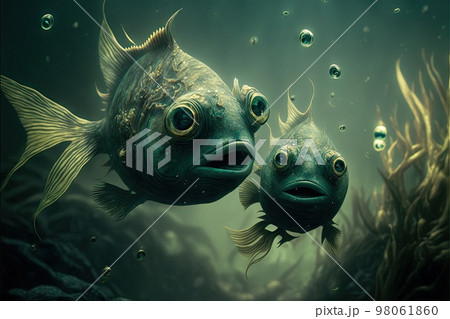 Ugly alien fishes swimming underwater in murky water 98061860