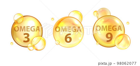 Omega 3 3D molecule bubble set, fish oil cell icon kit, vector vitamin medical nutrient tablet gel 98062077