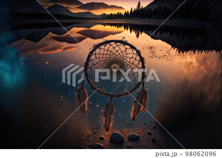 Glowing dream catcher lying on fantasy lake surface at dusk Glowing dream catcher lying on fantasy lake surface at dusk 98062096