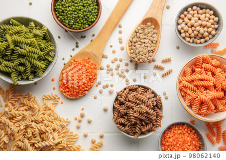 A variety of fusilli pasta from different types of legumes. Gluten-free pasta. 98062140