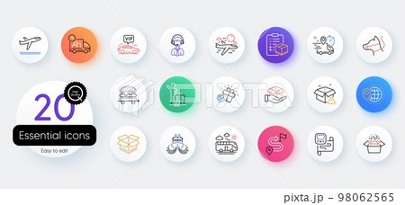 Simple set of Gift, Parcel checklist and Metro map line icons. Include Search flight, Delivery, Hold box icons. World travel, Express delivery, Bus travel web elements. Dog leash. Vector 98062565