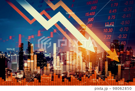 Declining graphs and digital indicators overlap modernistic city background. Declining graphs and digital indicators overlap modernistic city background. 98062850