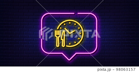 Neon light speech bubble. Food time line icon. Meal order clock sign. Restaurant opening hours symbol. Neon light background. Food time glow line. Brick wall banner. Vector Neon light speech bubble. Food time line icon. Meal order clock sign. Restaurant opening hours symbol. Neon light background. Food time glow line. Brick wall banner. Vector 98063157