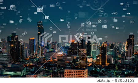 Business data analytic interface fly over smart city showing alteration future Business data analytic interface fly over smart city showing alteration future 98063158