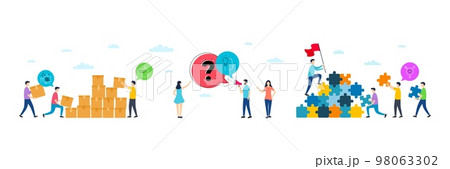 Idea, Hydroelectricity and Stress grows minimal line icons. People characters with puzzle, delivery parcel. Genders icons. For web, application, printing. Vector 98063302