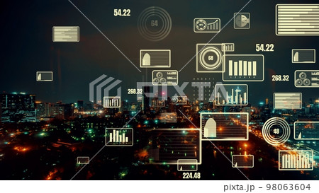Business data analytic interface fly over smart city showing alteration future 98063604