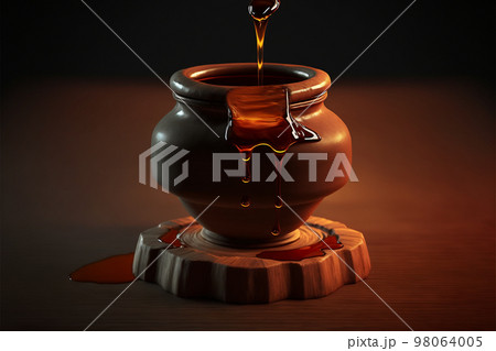 Clay jug of honey on a wooden table 98064005