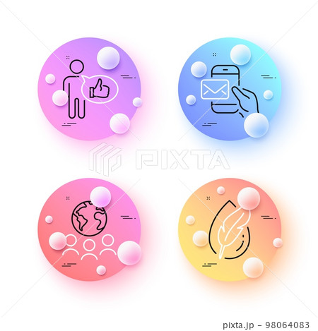 Global business, Messenger mail and Hypoallergenic tested minimal line icons. 3d spheres or balls buttons. Like icons. For web, application, printing. Outsourcing, New e-mail, Feather. Vector 98064083