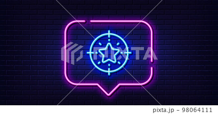 Neon light speech bubble. Star target line icon. Star rating sign. Best rank symbol. Neon light background. Star target glow line. Brick wall banner. Vector Neon light speech bubble. Star target line icon. Star rating sign. Best rank symbol. Neon light background. Star target glow line. Brick wall banner. Vector 98064111