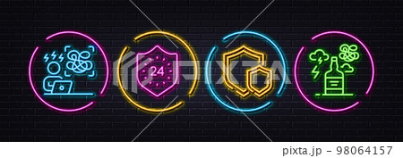 24 hours, Shields and Difficult stress minimal line icons. Neon laser 3d lights. Alcohol addiction icons. For web, application, printing. Protection, Safe secure, Work pressure. Confused mind. Vector 24 hours, Shields and Difficult stress minimal line icons. Neon laser 3d lights. Alcohol addiction icons. For web, application, printing. Protection, Safe secure, Work pressure. Confused mind. Vector 98064157