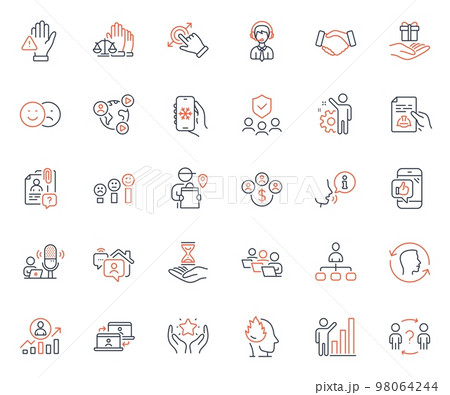 People icons set. Included icon as Like, Dont touch and Stress web elements. Court jury, Management, Loyalty program icons. Customer satisfaction, Mobile like, Video conference web signs. Vector 98064244