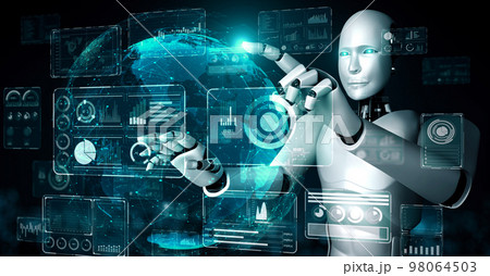 AI hominoid robot touching virtual hologram screen showing concept of big data AI hominoid robot touching virtual hologram screen showing concept of big data 98064503