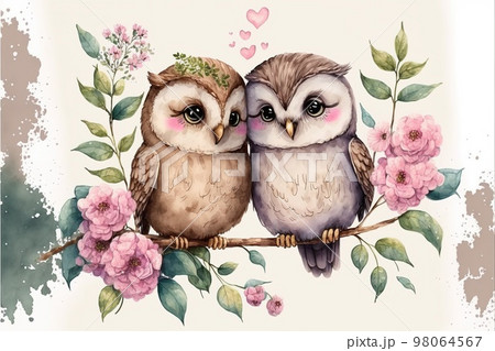 Cute little owl in love on romantic Valentine's day hand drawn cartoon style 98064567