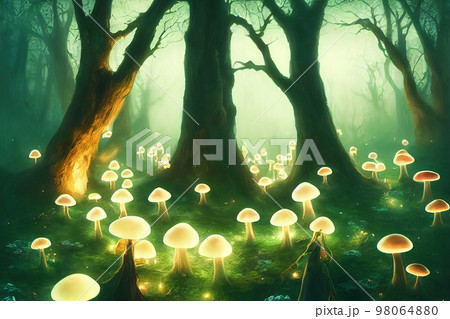 AI generated forest with big tree and glow mushroom digital art AI generated image. AI generated forest with big tree and glow mushroom digital art AI generated image. 98064880