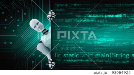 Futuristic robot artificial intelligence huminoid AI programming coding Futuristic robot artificial intelligence huminoid AI programming coding 98064926