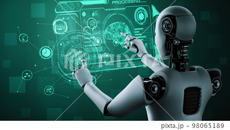 AI hominoid robot touching virtual hologram screen showing concept of AI brain 98065189