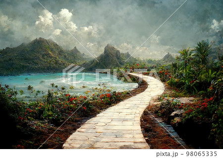 AI generated digital art AI generated image of paradise jungle natural landscape. 98065335