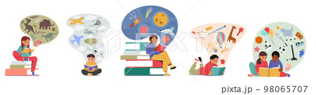 Children in Library, Back to School, Education, Knowledge Concept. Little Kids Reading Books, Boys and Girls Learning 98065707