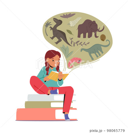 Girl Teenager Characters Studying Prehistoric Animals and Dinosaur History from Book. School Education, Knowledge 98065779