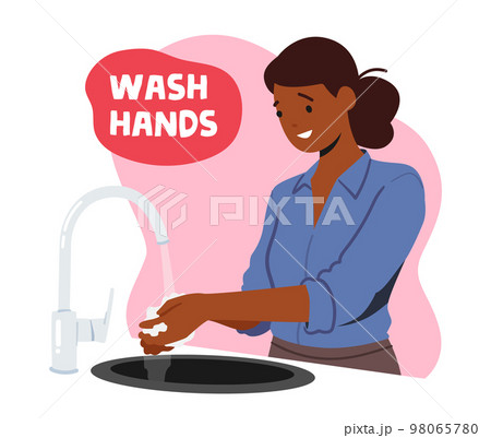Health Care and Immunity Boost Concept with Happy Woman Washing Hands, Hygiene Procedure Banner with Female Character 98065780