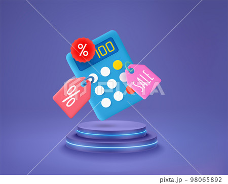 Shopping concept with calculator, tags and neon podium. Vector 3d illustration 98065892