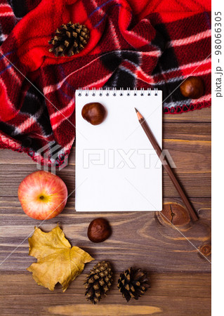 Autumn still life - notebook, pencil, blanket and gifts of autumn on a wooden background. Top view 98066305