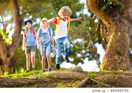 Kids explore nature. Children hike in sunny park. Kids explore nature. Children hike in sunny park. 98066590