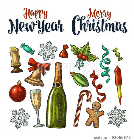 Merry Christmas and New Year set. Vector vintage color engraving Merry Christmas and New Year set. Vector vintage color engraving 98066879