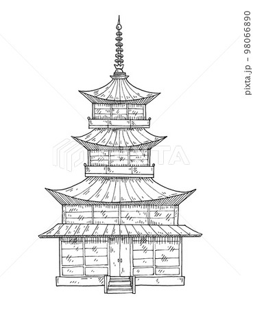 Pagoda japanese temple. Vintage engrave monochrome black 98066890