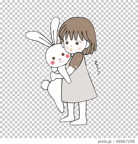 うさぎのぬいぐるみを抱いて怯える女の子 98067299