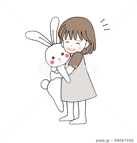 うさぎのぬいぐるみを抱いて笑う女の子のイラスト素材 [98067300] - PIXTA