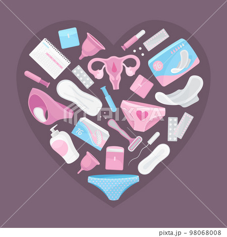 Feminine Hygiene Heart Shaped Composition with Intimate Sanitary Objects Vector Template 98068008