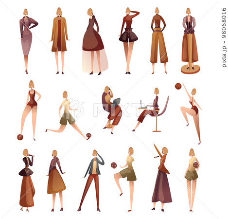 Young women in everyday activities set. Girls spend leisure time, woking, doing hobbies and sports cartoon vector illustration 98068016