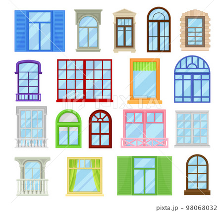 Window frames set. view isolated on house wall. Retro, classic and modern windows architectural elements flat vector illustration Window frames set. view isolated on house wall. Retro, classic and modern windows architectural elements flat vector illustration 98068032