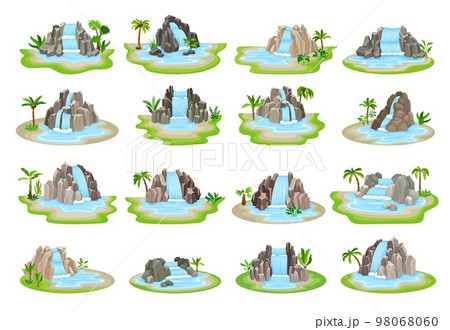 Waterfall with Stone Rock Cascade with Streaming Water Big Vector Set 98068060