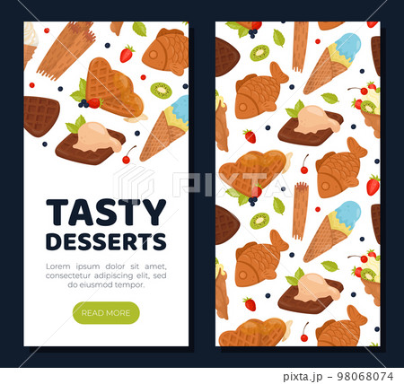 Tasty desserts mobile app template. Crispy waffles landing page, card, menu, leaflet, flyer with delicious desserts seamless pattern cartoon vector Tasty desserts mobile app template. Crispy waffles landing page, card, menu, leaflet, flyer with delicious desserts seamless pattern cartoon vector 98068074