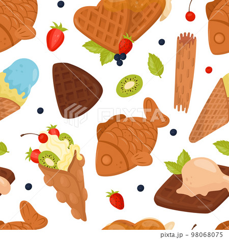 Crispy waffles seamless pattern. Tasty desserts with cream, berries and fruits repeating print for wallpaper, wrapping paper, textile, package design cartoon vector Crispy waffles seamless pattern. Tasty desserts with cream, berries and fruits repeating print for wallpaper, wrapping paper, textile, package design cartoon vector 98068075