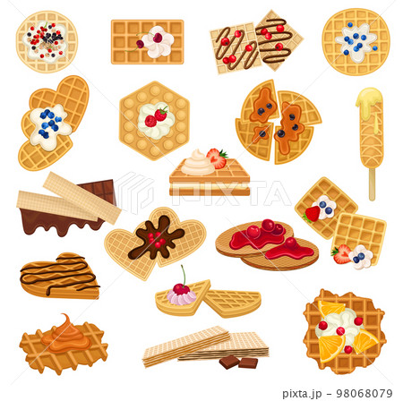 Delicious Crispy Waffles and Wafer Dessert with Berry, Cream and Chocolate Big Vector Set 98068079