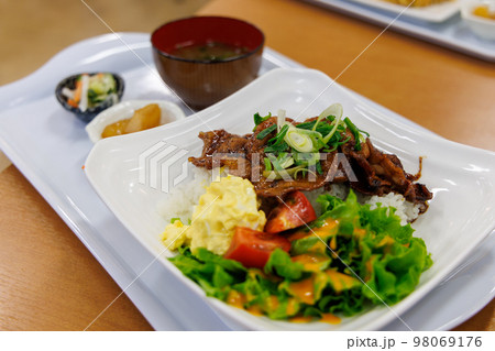 日本の沖縄県糸満市のとても美味しい牛肉丼 98069176