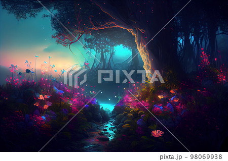 Fairy forest at night, fantasy glowing flowers and lights, generative AI Fairy forest at night, fantasy glowing flowers and lights, generative AI 98069938
