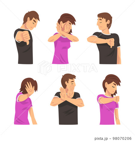 Young woman and man with dissatisfied face expression showing dislike, no, disapproval gestures set. Negative emotions concept cartoon vector illustration Young woman and man with dissatisfied face expression showing dislike, no, disapproval gestures set. Negative emotions concept cartoon vector illustration 98070206