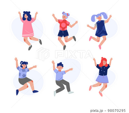 Happy children jumping with raising hands set. Cute joyful boys and girls having fun or celebrating success cartoon vector illustration i 98070295